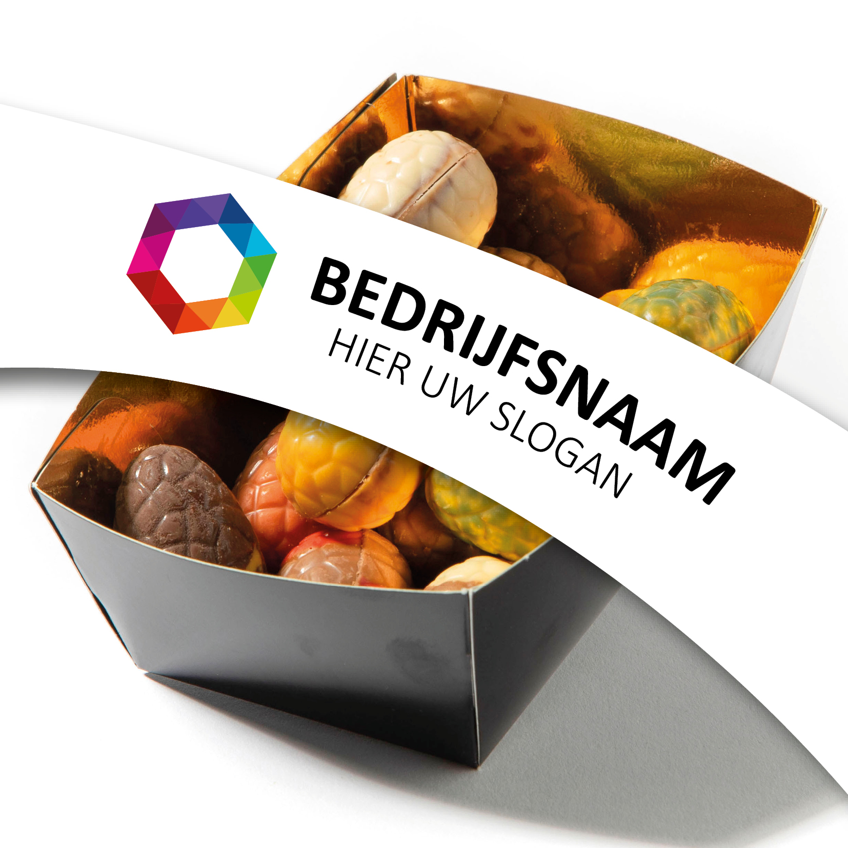 Chocolade bakje 175 gram, flowpack bakje chocolade, paaseitjes gevuld, praline eitjes, chocolade met een logo