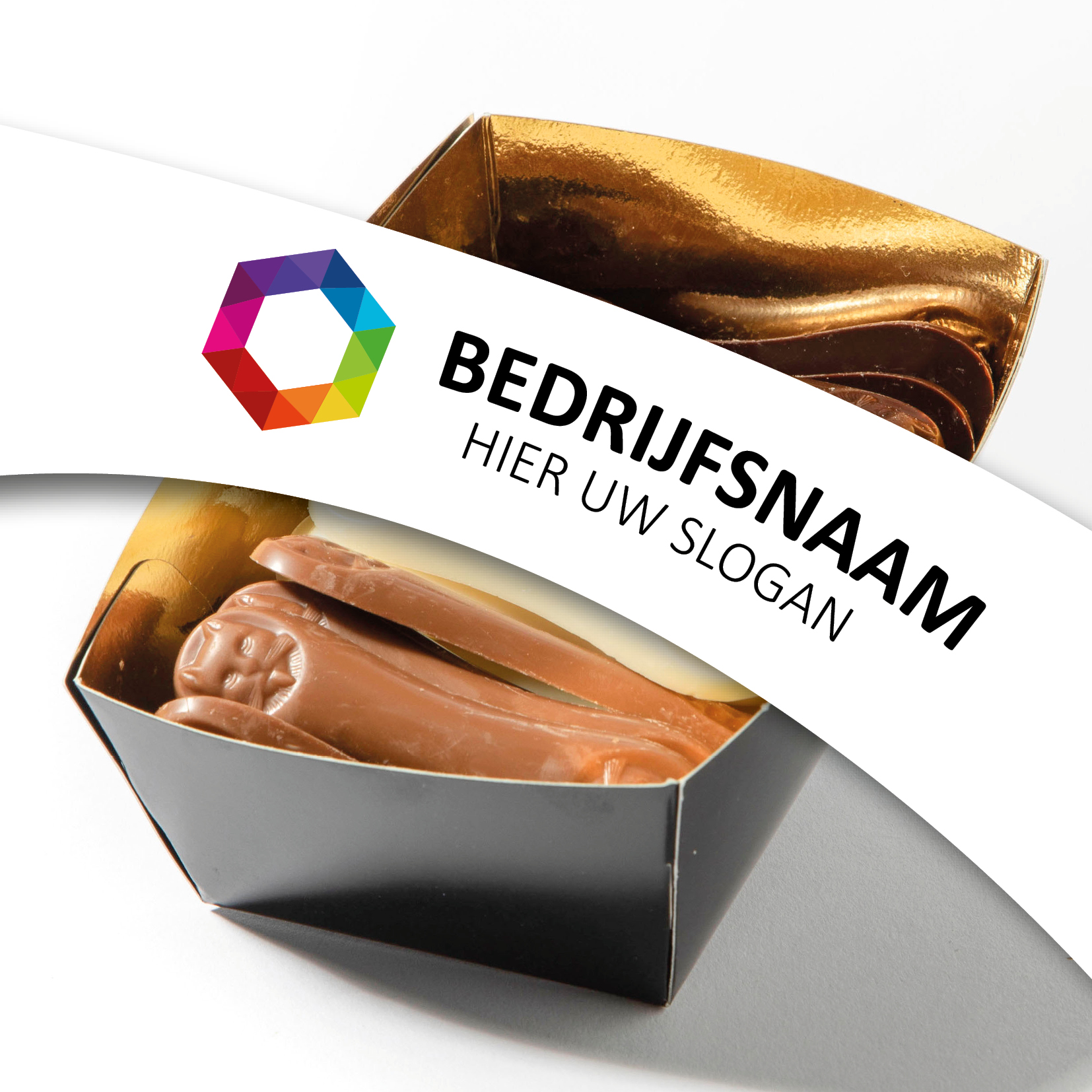 Chocolade bakje 175 gram, flowpack bakje chocolade, kattentong, chocolade met een logo