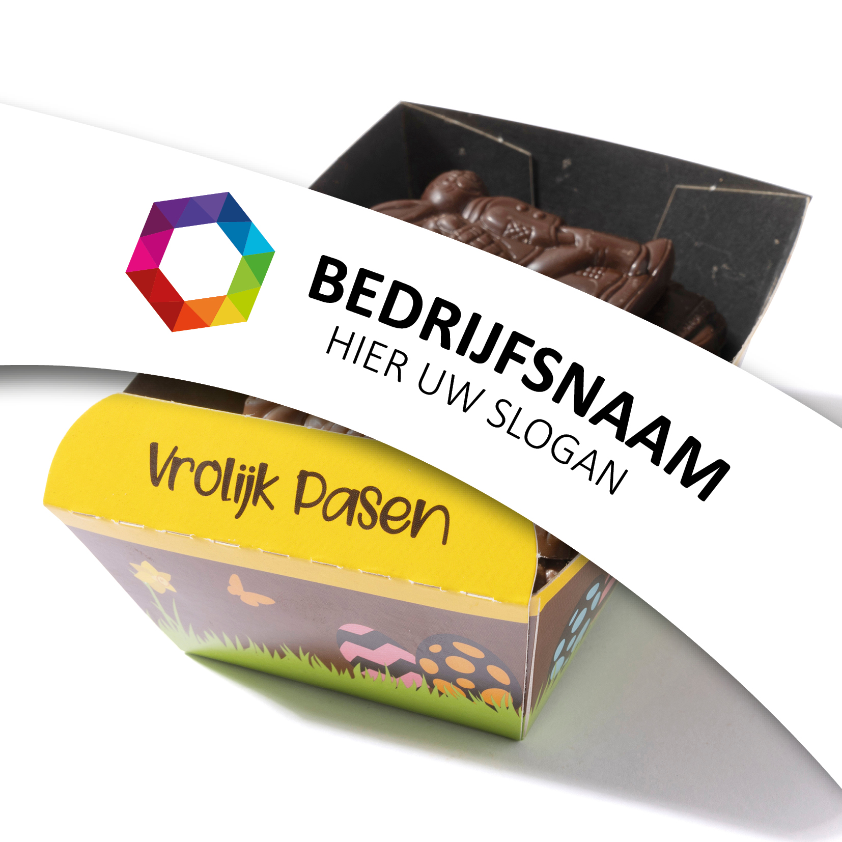 Chocolade bakje 175 gram, flowpack bakje chocolade, pasen, haasje, chocolade met een logo