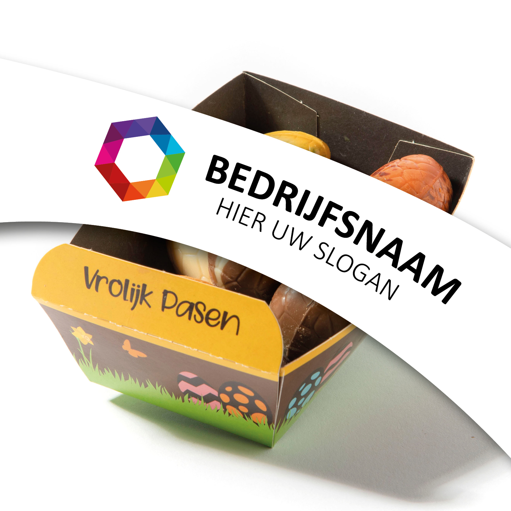 Chocolade bakje 175 gram, flowpack bakje chocolade, Pasen, eieren, gevulde paas eitjes, praline, chocolade met een logo