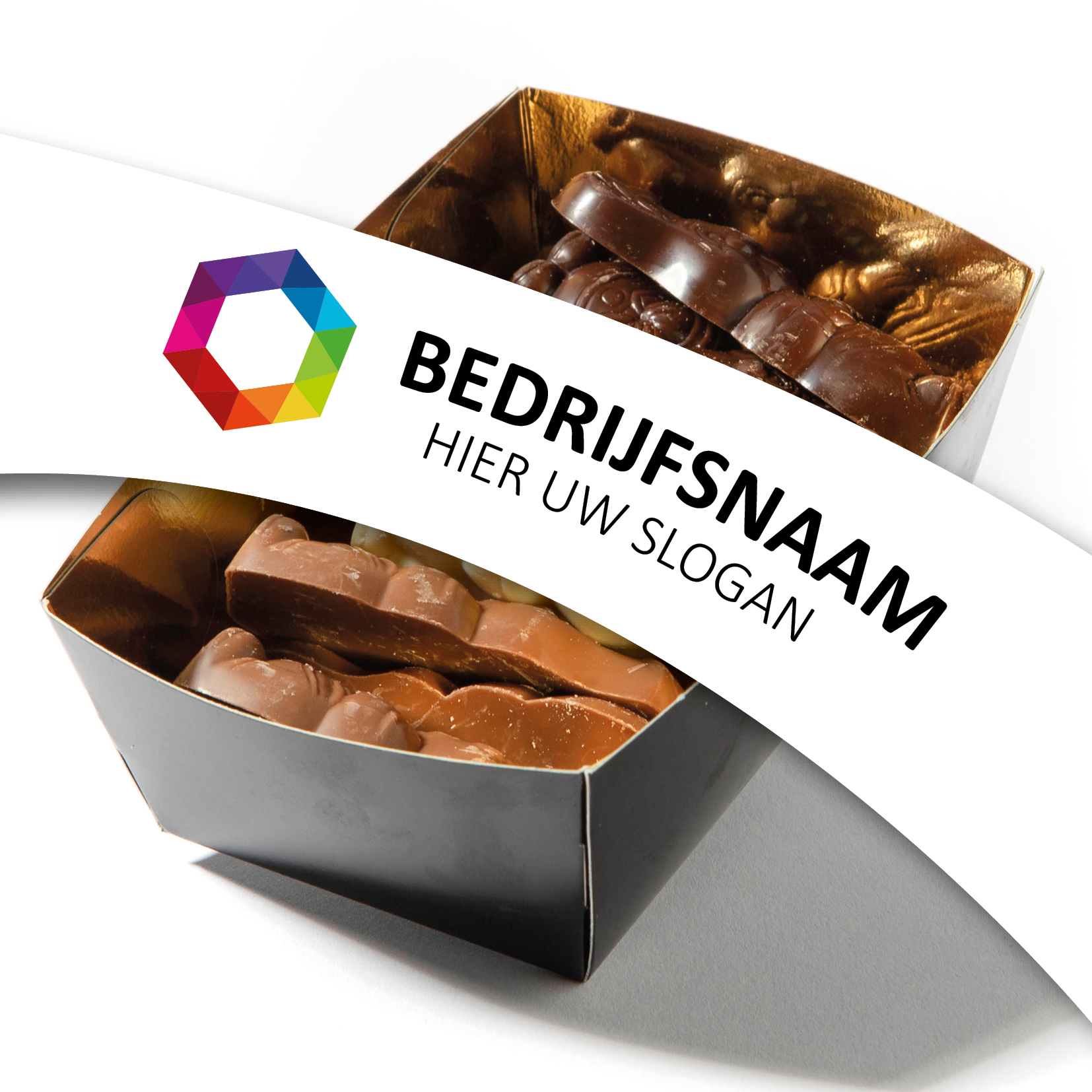 Chocolade bakje 175 gram, flowpack bakje chocolade, pasen, paashaasjes, chocolade met een logo