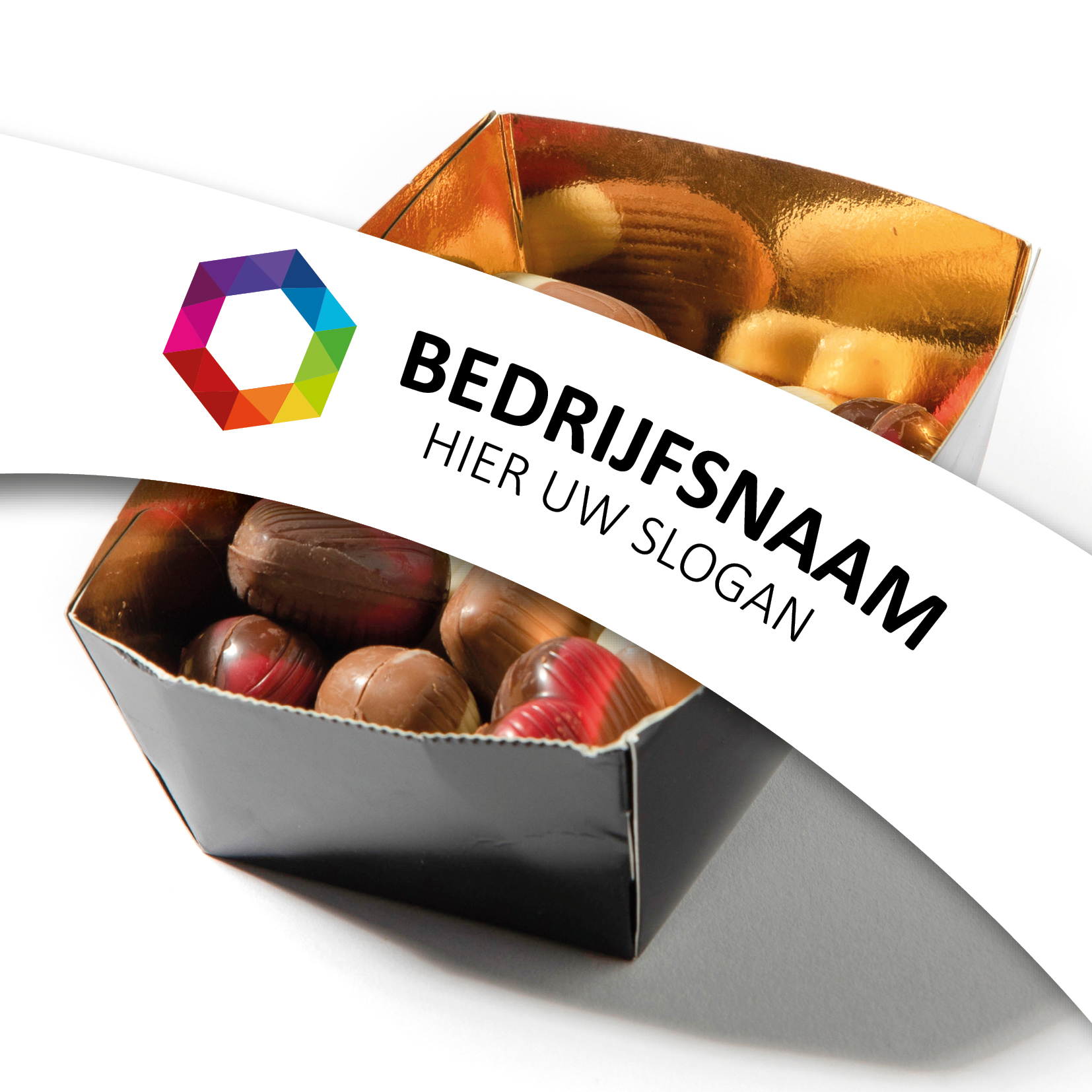 Chocolade bakje 175 gram, flowpack bakje chocolade, pralinehartjes, chocolade met een logo