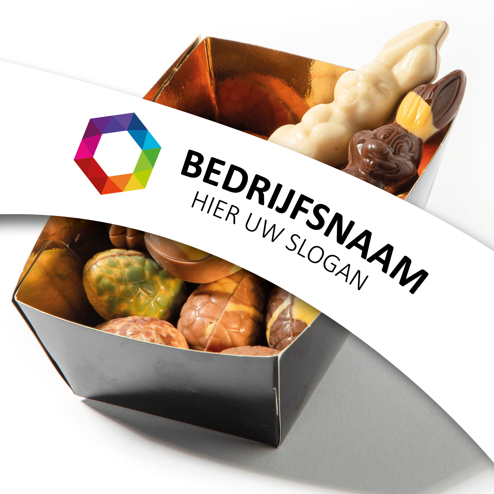 Chocolade bakje 175 gram, flowpack bakje chocolade, paas assortiment, gevuld, praline, chocolade met een logo